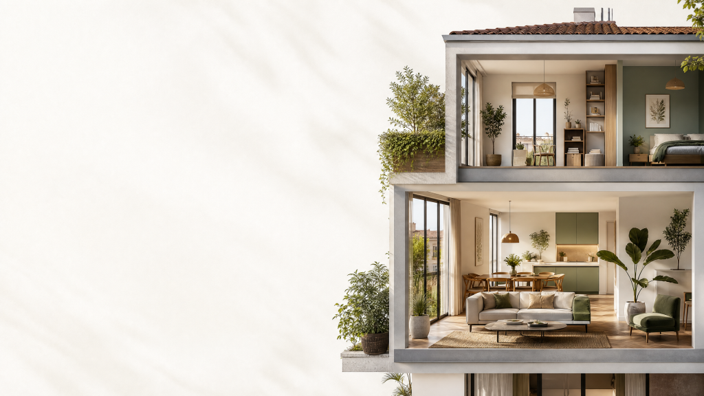 Vue architecturale d’un logement lumineux avec plusieurs espaces de vie