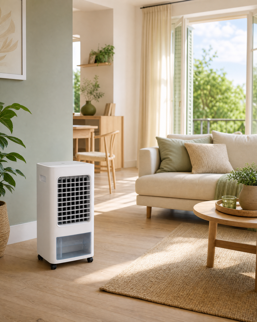 Rafraîchisseur d’air évaporatif dans un séjour lumineux