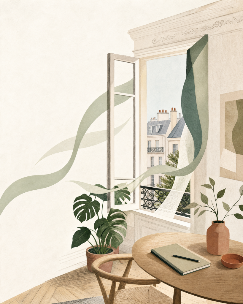 Illustration éditoriale d’un intérieur rafraîchi par des solutions passives