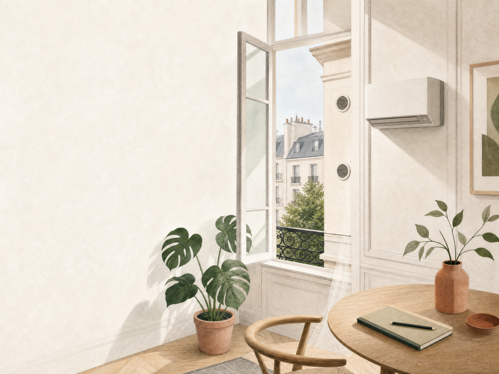 Illustration éditoriale d’une solution sans unité extérieure dans un intérieur